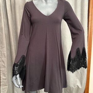 NWT Express Whimsigoth Dress Gray Long Bell‎ Sleeve Lace V-Neck Dark Fairy Flowy
